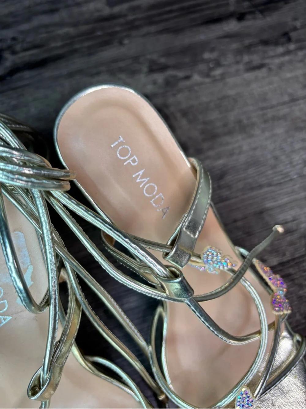 Iridescent Butterfly Gold Platform Lace-Up Heels Sz 6.5 Chunky Heel TOP Moda